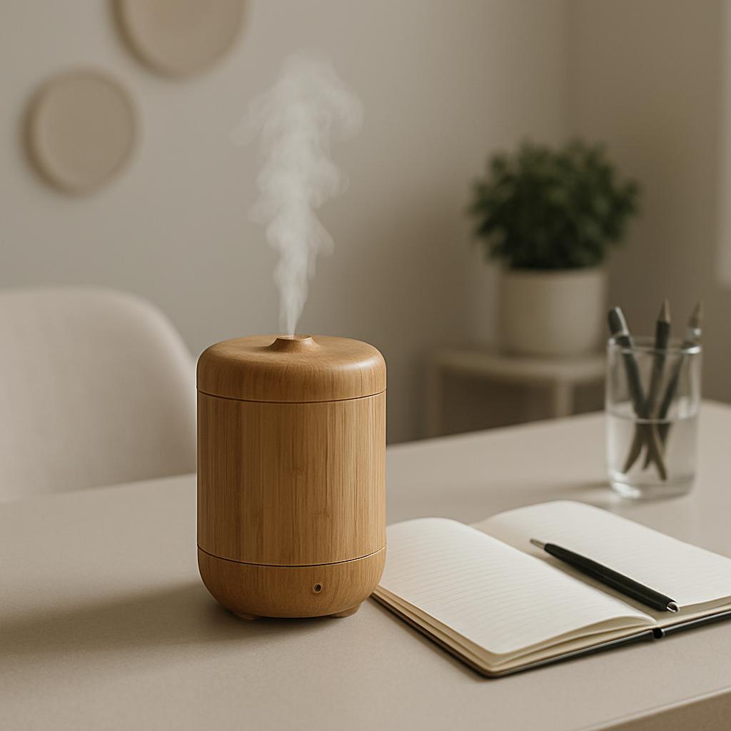 Deze afbeelding toont een kleiner houtkleurig arkkeblik op een bureau. De houten verdelaar, ook wel diffuuster of aromalam...